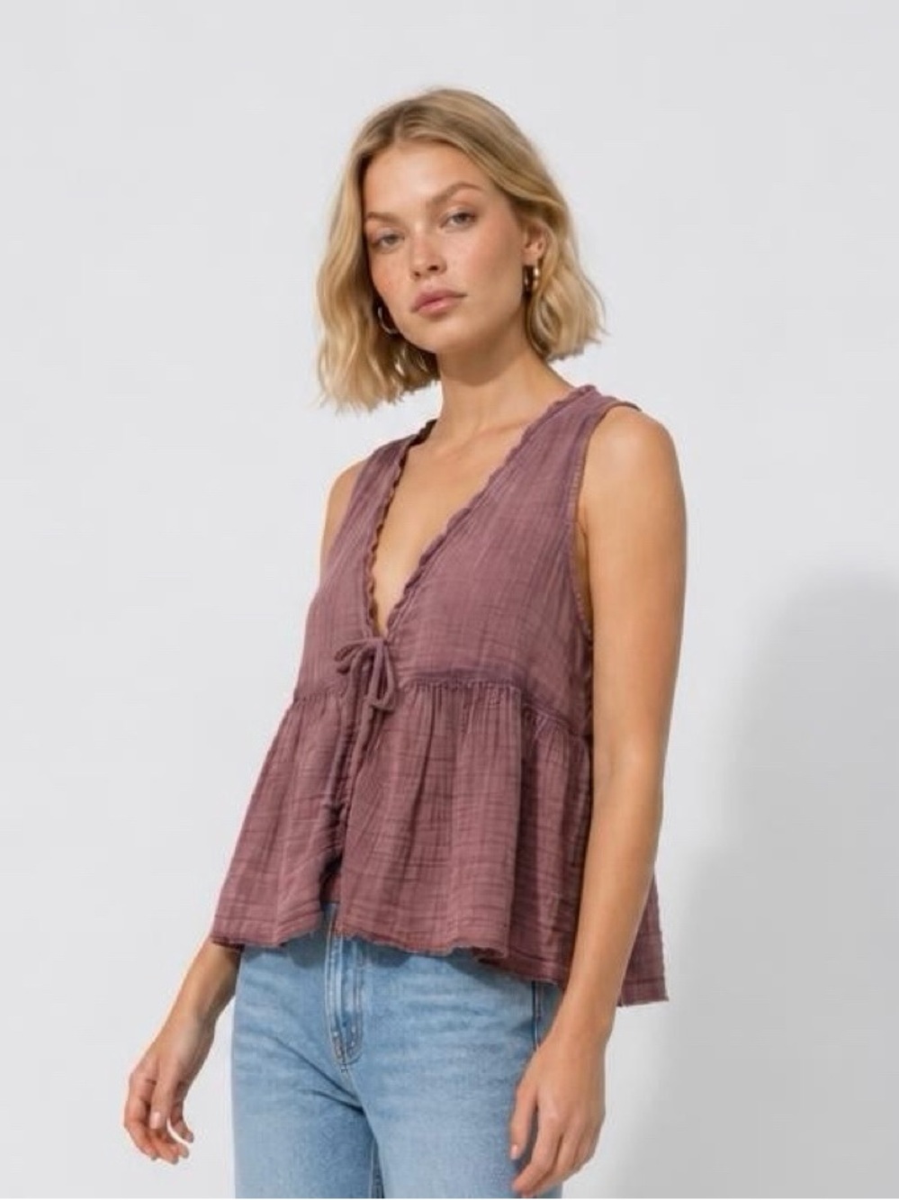 Pull & Bear Gauze Tie-Front Top in Mauve